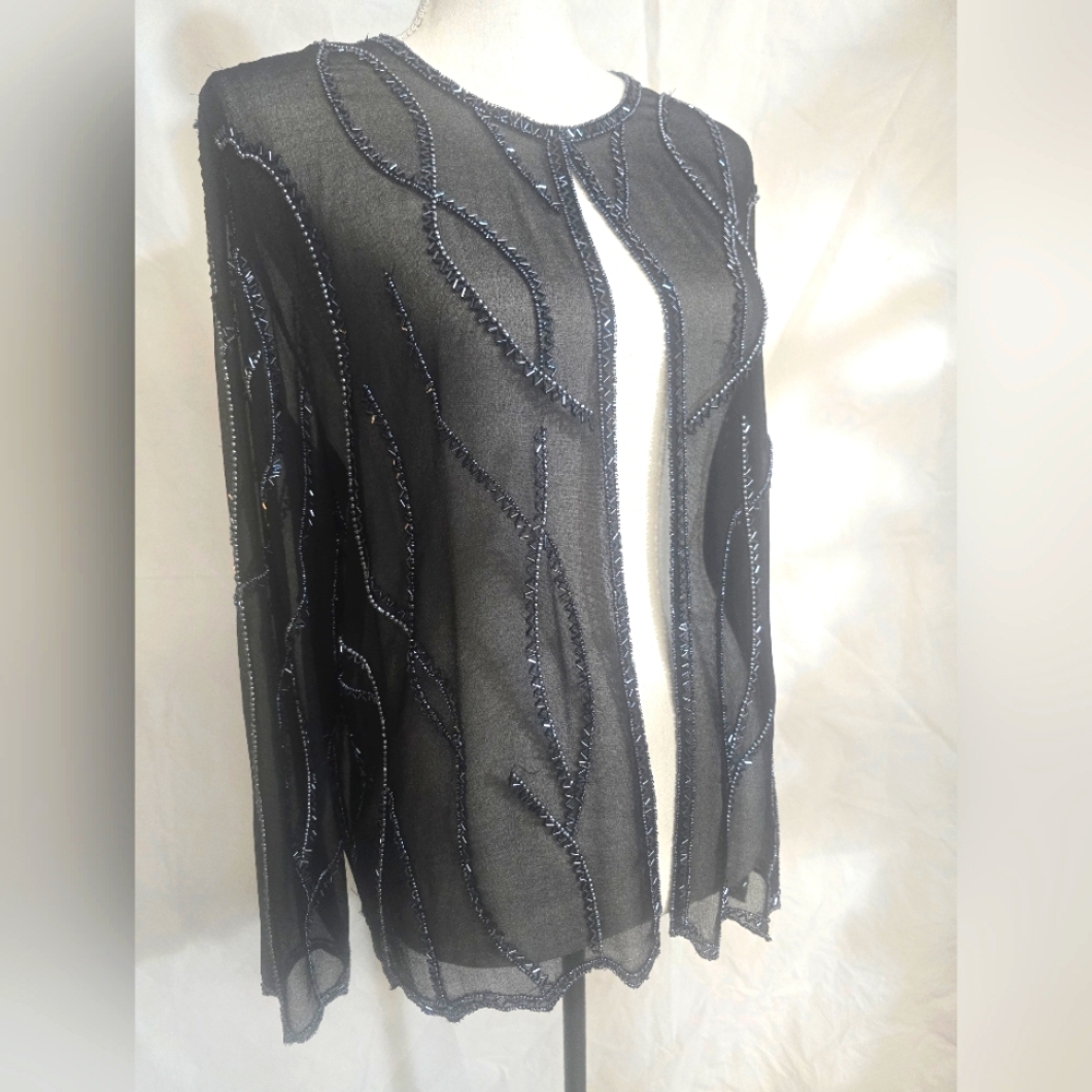 Elegant Black Hand-Stitched Sheer Cardigan